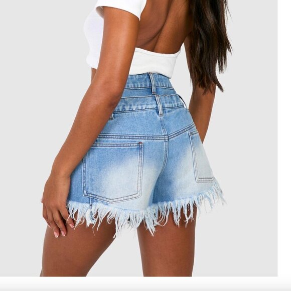 Boohoo Double Waistband Detail Fray Hem Denim Shorts - NWT - Size 6 - Picture 4 of 12